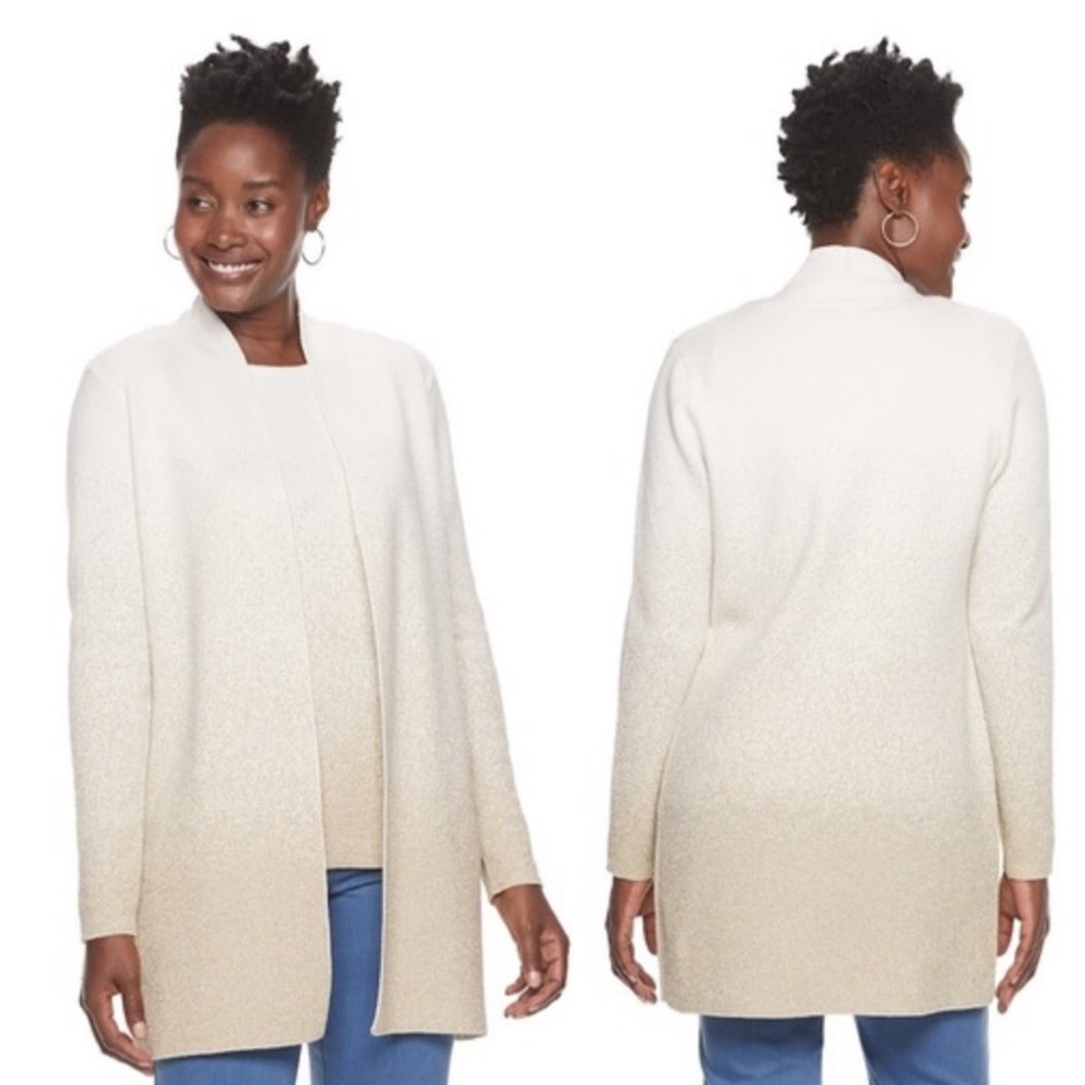 Crofts & Barrow Ivory Gold Ombre Sparkle Open Cardigan Sweater Medium
